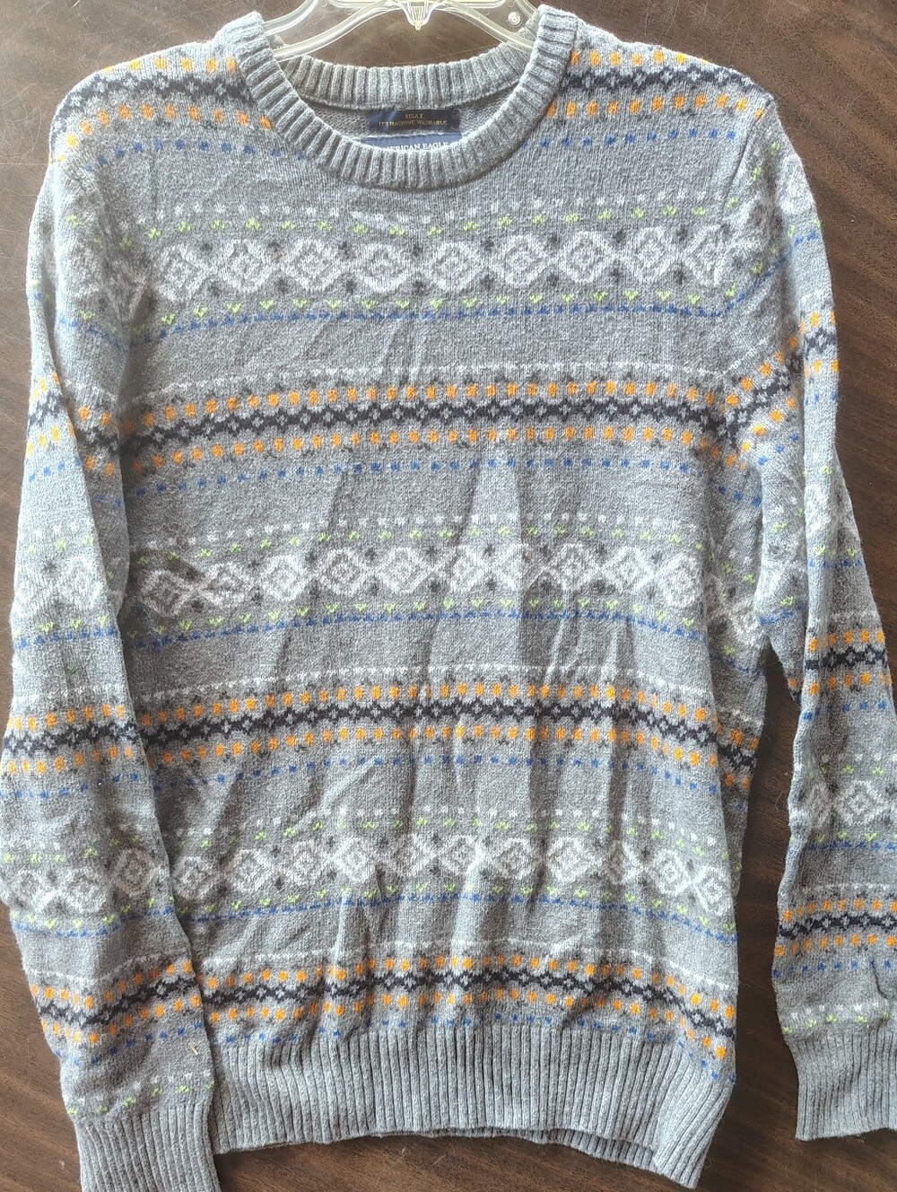 American Eagle Outfitters Gray Crewneck Sweater with Orange, Blue, Green Accents